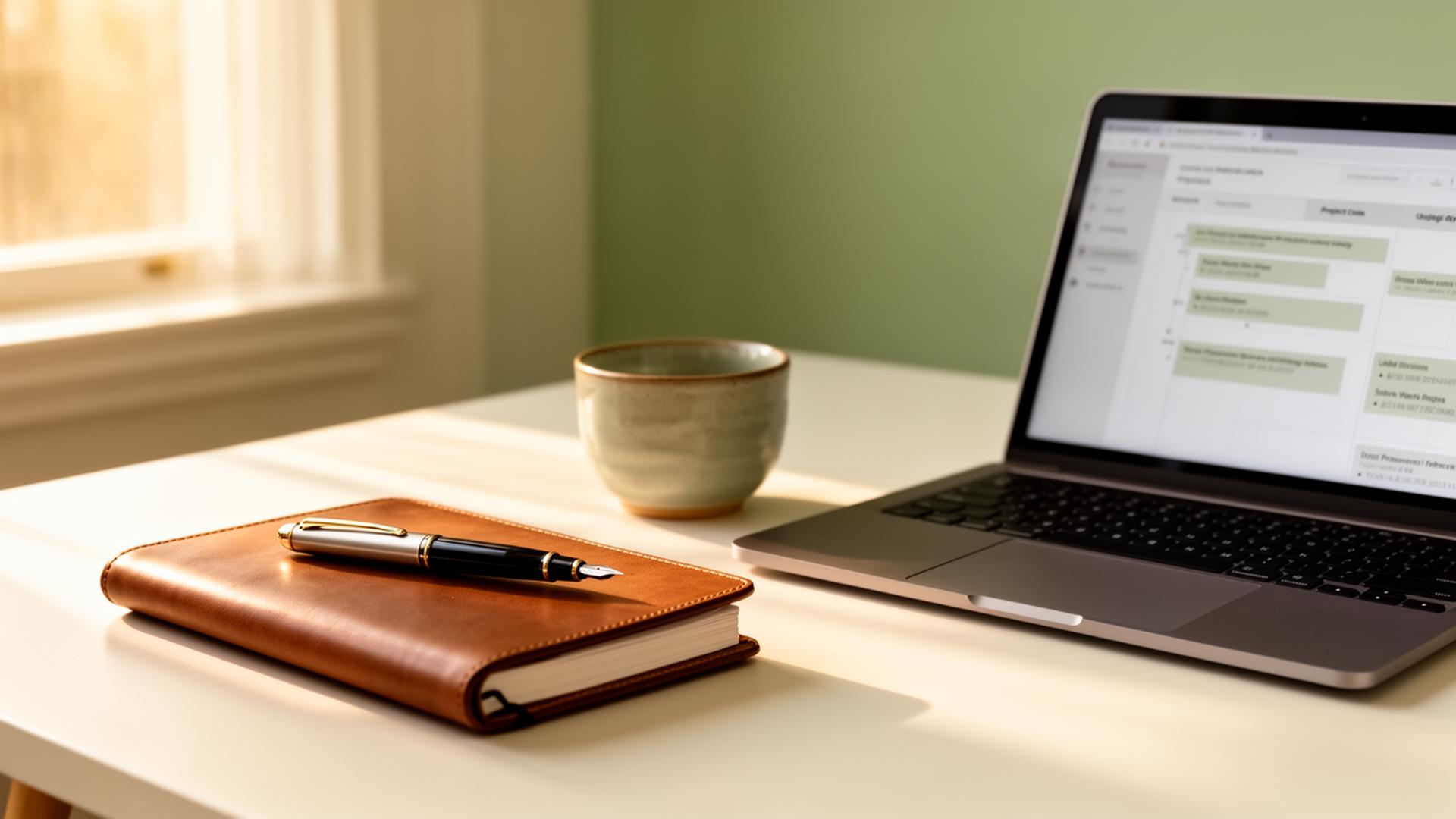 Espacio de trabajo profesional con cuaderno, pluma y portátil